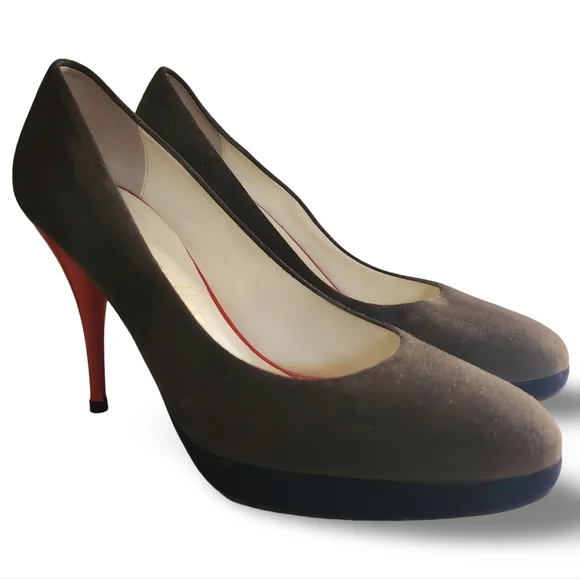Elegant Brown And Navy Suede Pumps with Red Heel - Picture 2 of 5